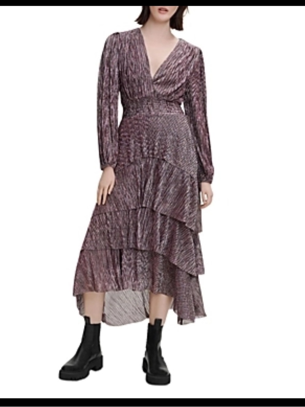 Maje Ruffiniti Smocked Waist Metallic Tiered Midi Dress NWOT